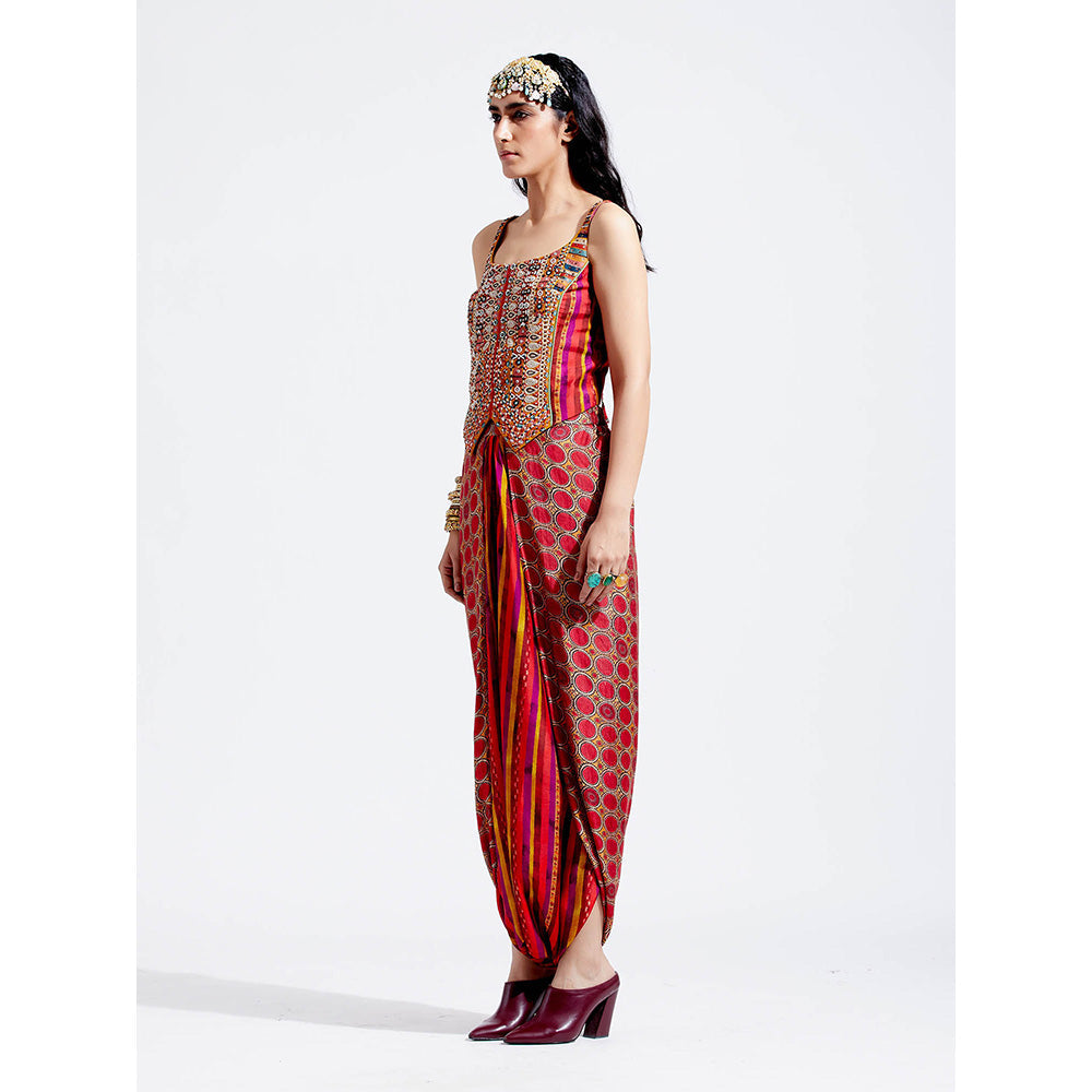 Aseem Kapoor Red Veni Jacket With Blouse And Drape Trouser (Set of 3)