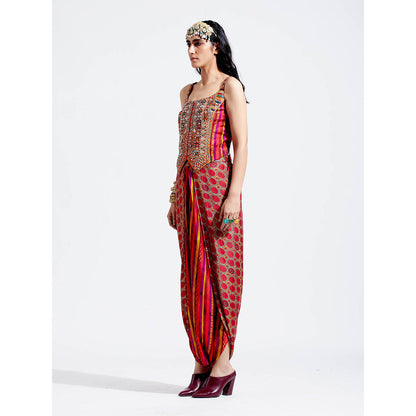 Aseem Kapoor Red Veni Jacket With Blouse And Drape Trouser (Set of 3)