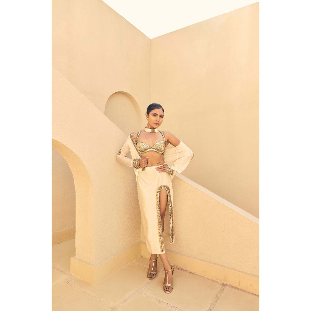 ASHNA VASWANI Cream Devi Drape Skirt with Jacket and Bralette