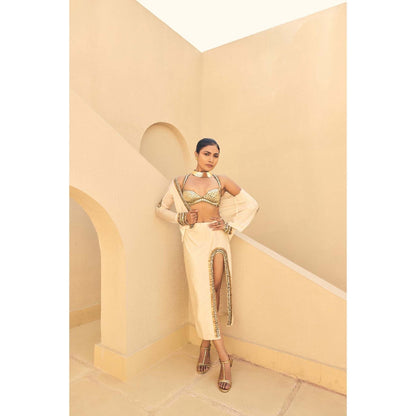 ASHNA VASWANI Cream Devi Drape Skirt with Jacket and Bralette