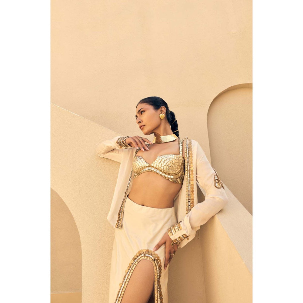 ASHNA VASWANI Cream Devi Drape Skirt with Jacket and Bralette