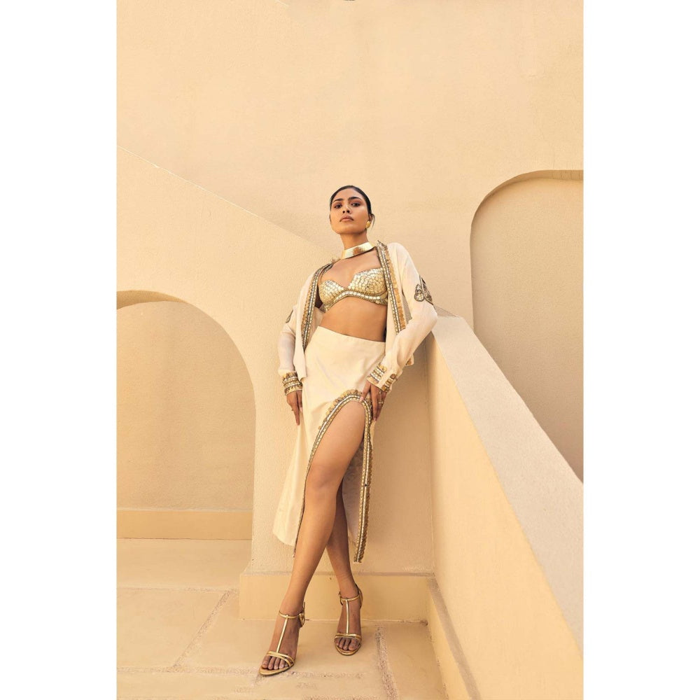 ASHNA VASWANI Cream Devi Drape Skirt with Jacket and Bralette
