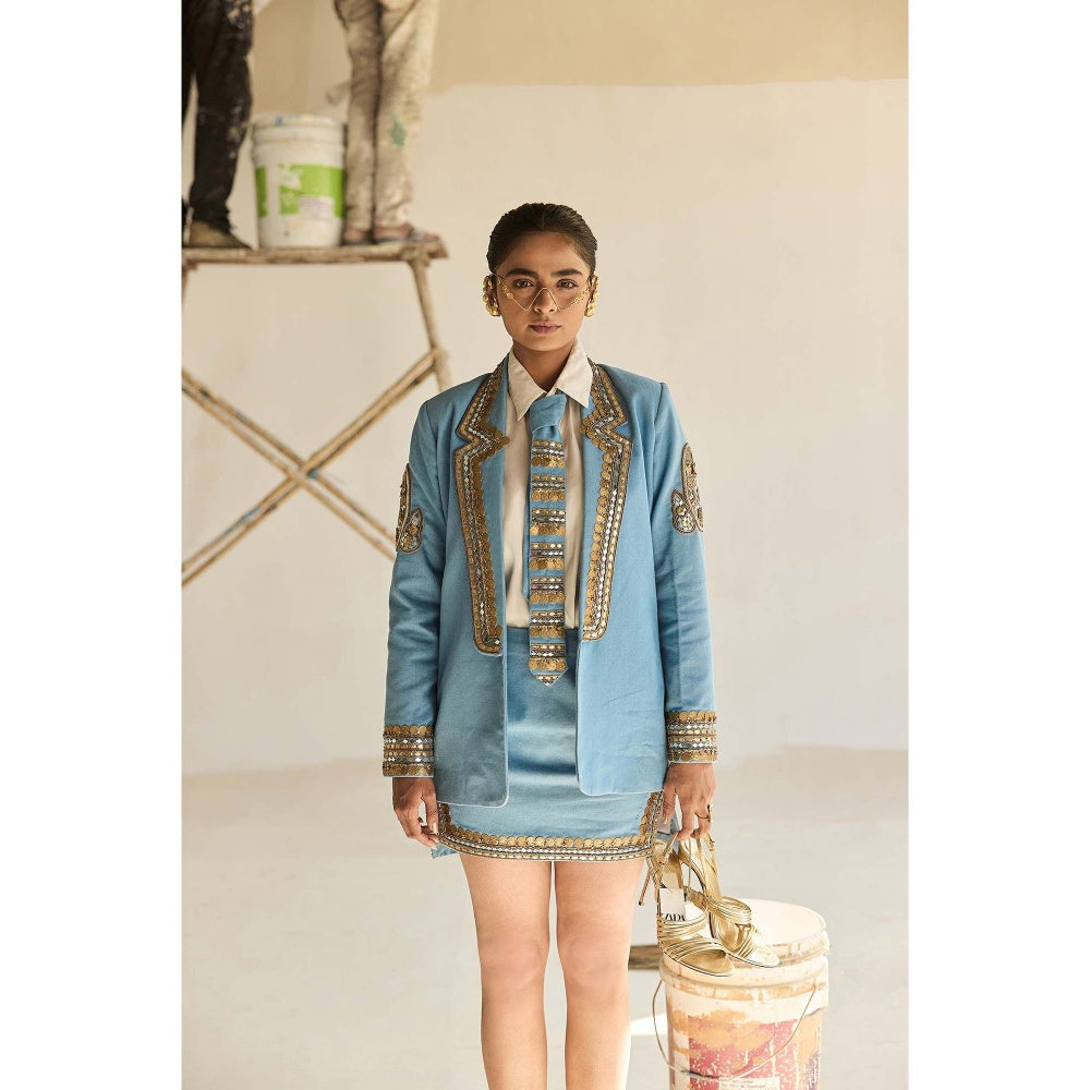 ASHNA VASWANI Blue Evi Drape -Denim Blazer with Skirt, Shirt and Heavy Work Tie