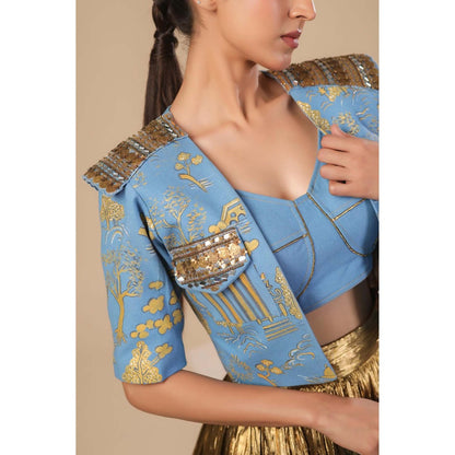 ASHNA VASWANI Blue Denim Crop Jacket with Denim Bralette and Skirt