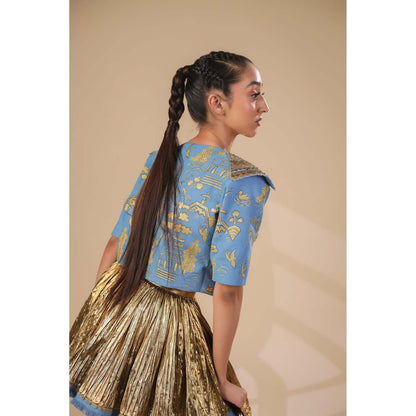 ASHNA VASWANI Blue Denim Crop Jacket with Denim Bralette and Skirt