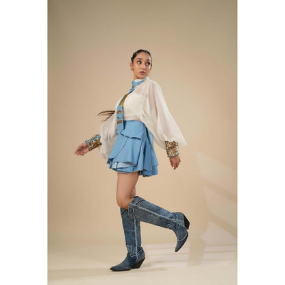 ASHNA VASWANI Blue Kota Doria Sheer Shirt with Skirt, Bralette and Tie