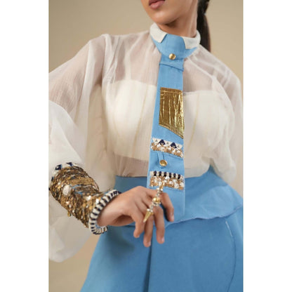 ASHNA VASWANI Blue Kota Doria Sheer Shirt with Skirt, Bralette and Tie