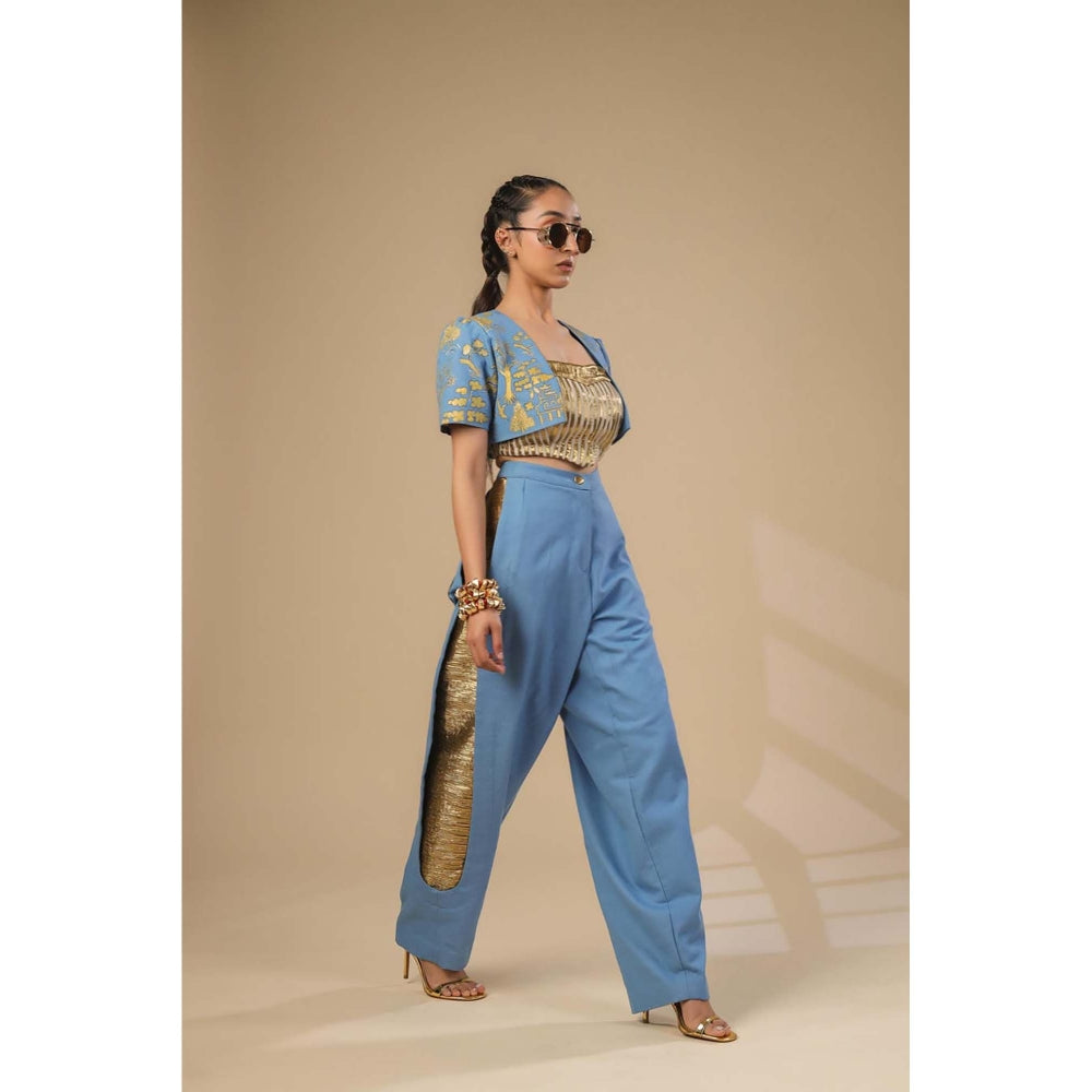 ASHNA VASWANI Blue Denim Crop Jacket with Pleated Corset and Pant