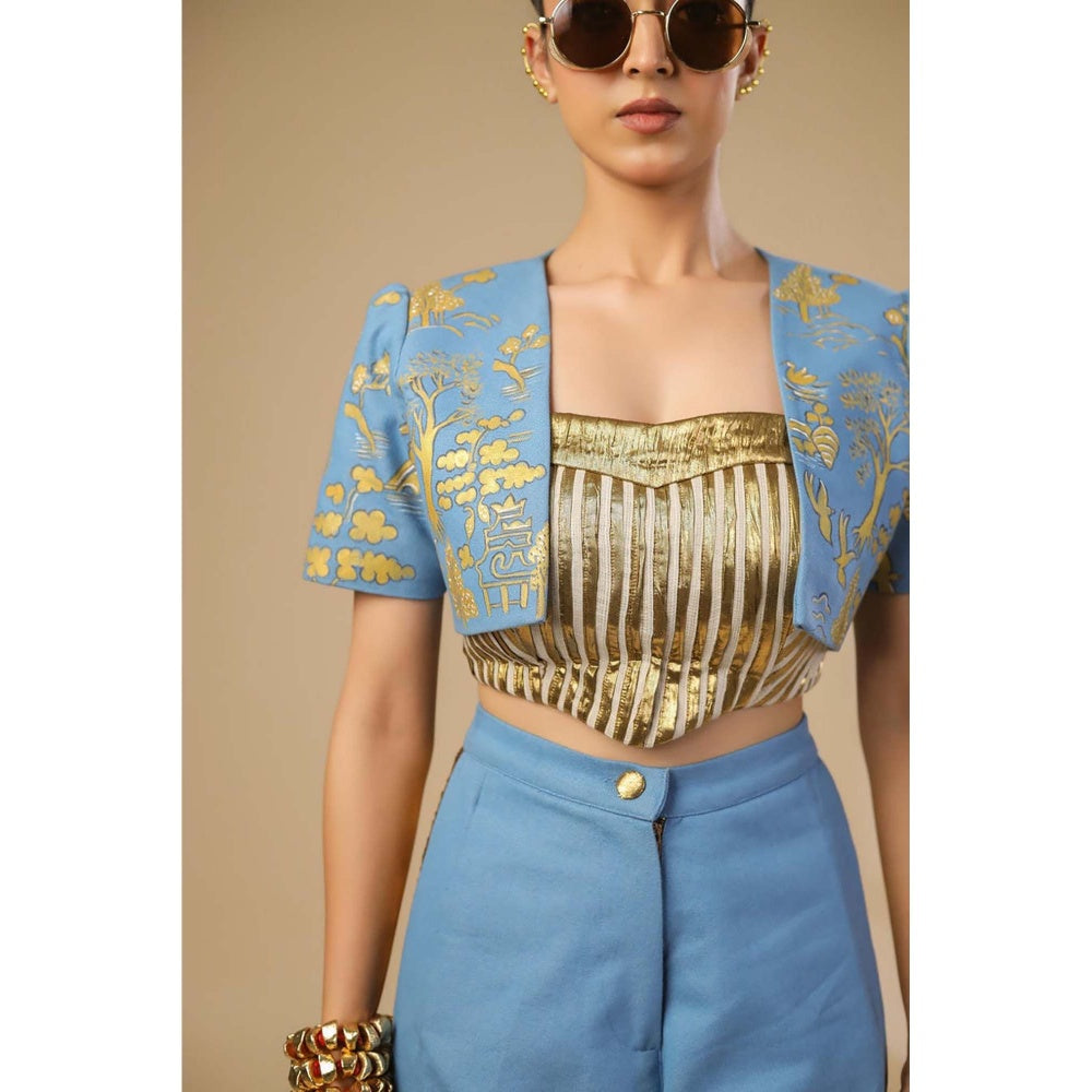 ASHNA VASWANI Blue Denim Crop Jacket with Pleated Corset and Pant