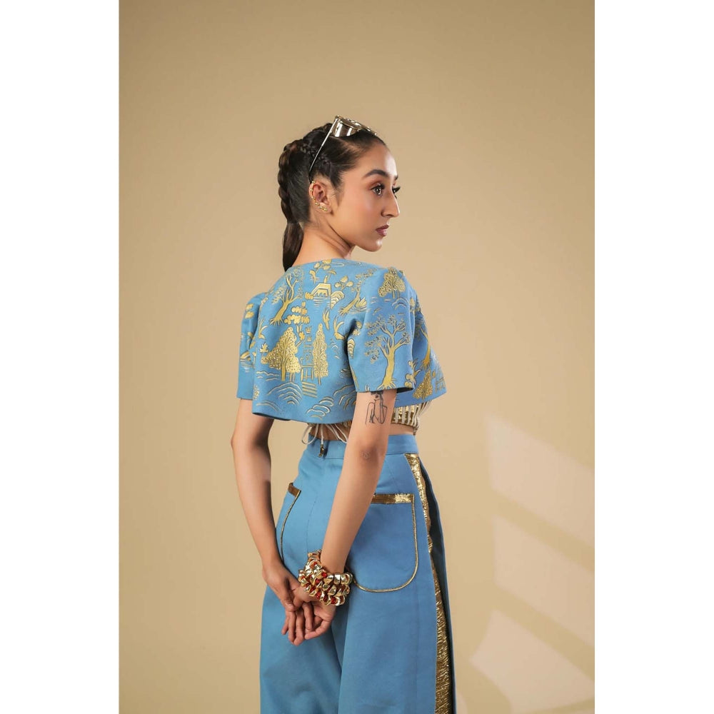 ASHNA VASWANI Blue Denim Crop Jacket with Pleated Corset and Pant