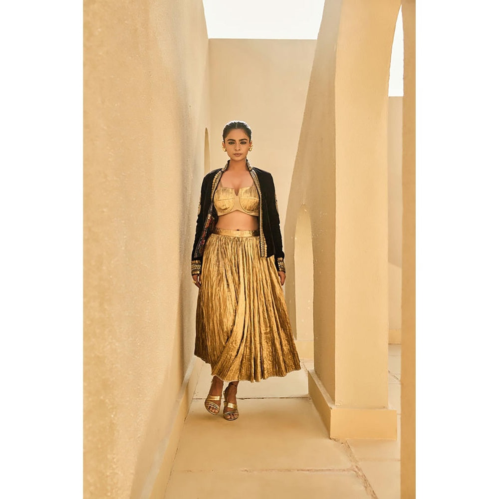 ASHNA VASWANI Gold Velvet Jacket With Corset And Skirt