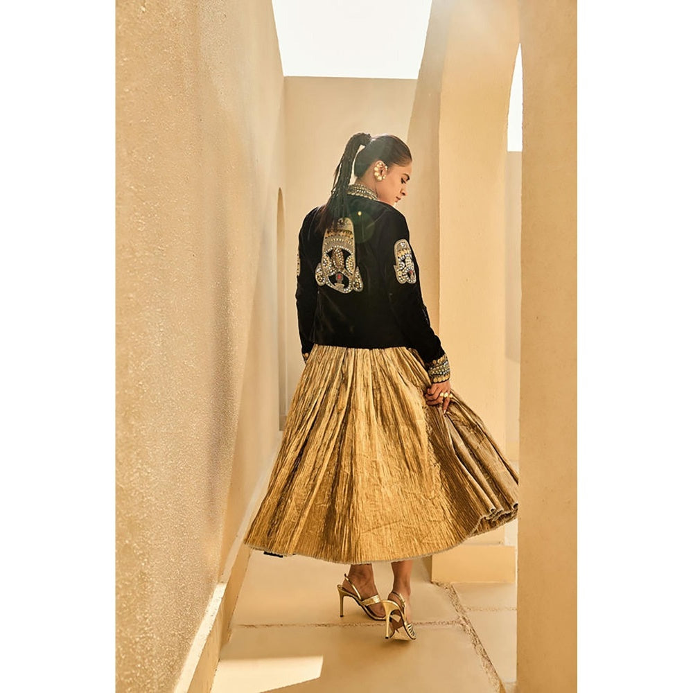 ASHNA VASWANI Gold Velvet Jacket With Corset And Skirt