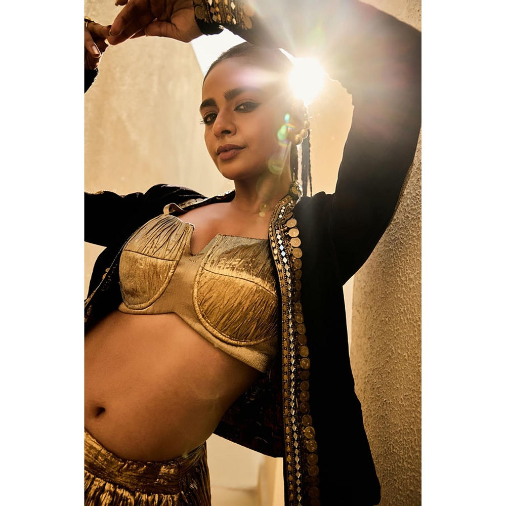 ASHNA VASWANI Gold Velvet Jacket With Corset And Skirt