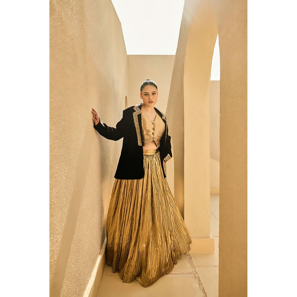ASHNA VASWANI Gold Blazer With Waist Coat And Skirt