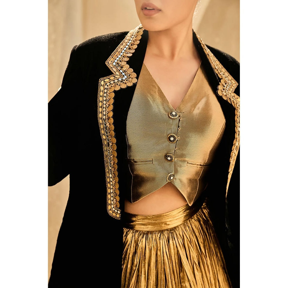 ASHNA VASWANI Gold Blazer With Waist Coat And Skirt