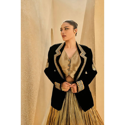 ASHNA VASWANI Gold Blazer With Waist Coat And Skirt