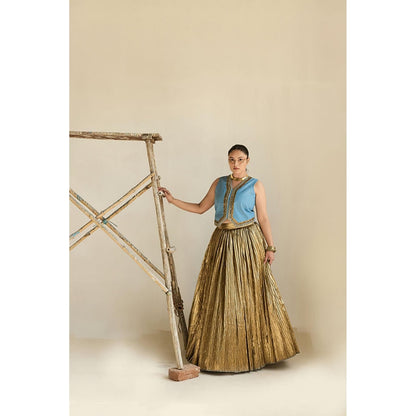 ASHNA VASWANI Gold Denim Waist Coat With Crushed Lehenga
