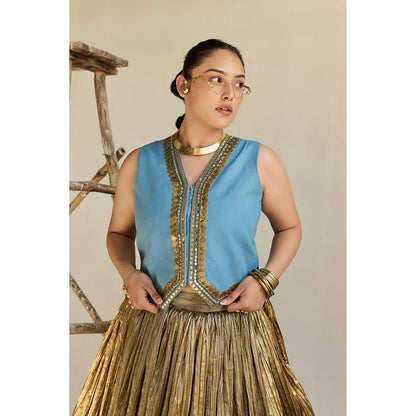 ASHNA VASWANI Gold Denim Waist Coat With Crushed Lehenga