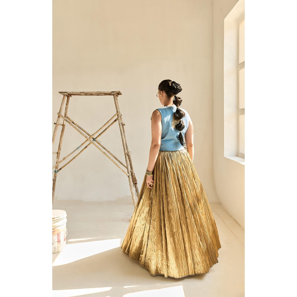 ASHNA VASWANI Gold Denim Waist Coat With Crushed Lehenga