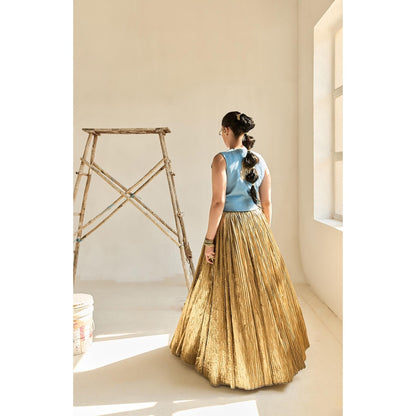 ASHNA VASWANI Gold Denim Waist Coat With Crushed Lehenga