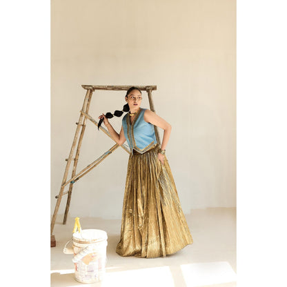 ASHNA VASWANI Gold Denim Waist Coat With Crushed Lehenga