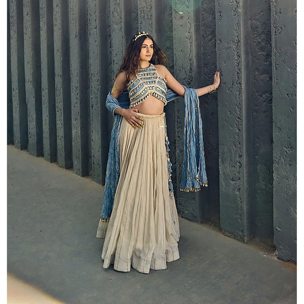 ASHNA VASWANI Blue Halter Neck Crop Top With Lehenga And Dupatta