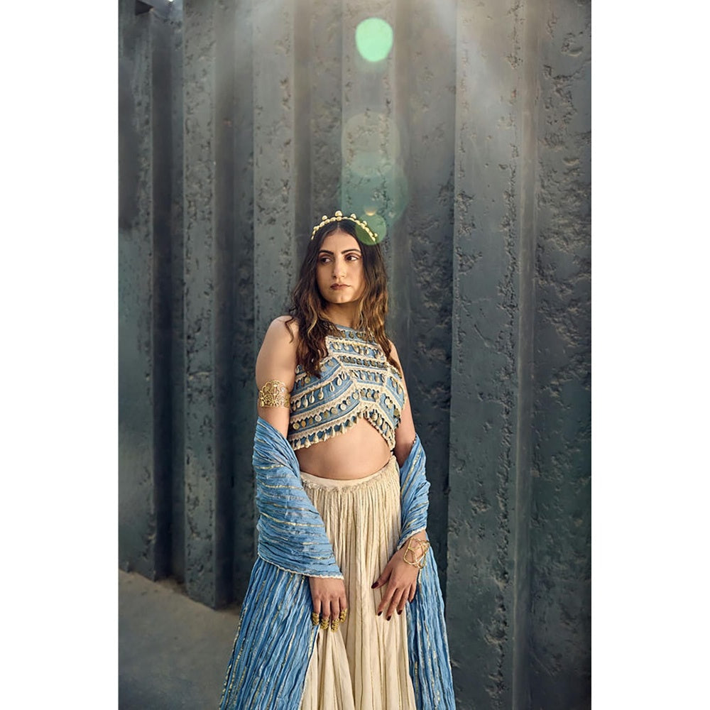 ASHNA VASWANI Blue Halter Neck Crop Top With Lehenga And Dupatta