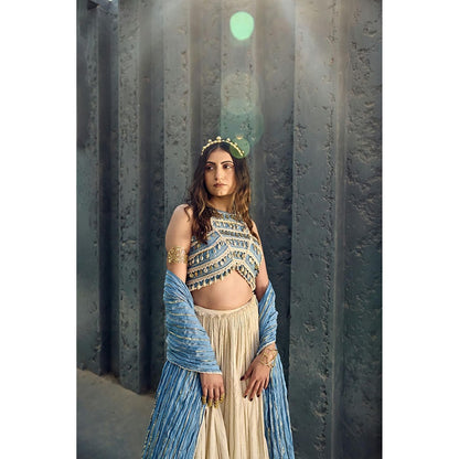 ASHNA VASWANI Blue Halter Neck Crop Top With Lehenga And Dupatta