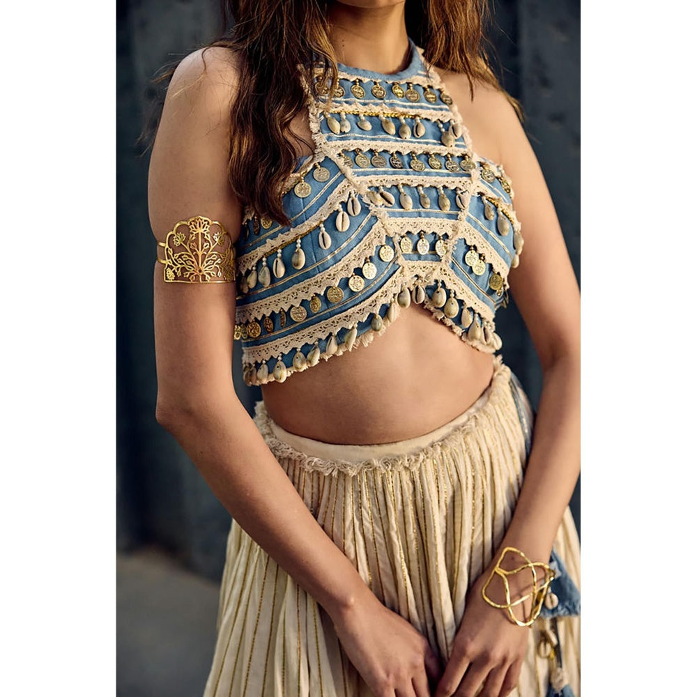 ASHNA VASWANI Blue Halter Neck Crop Top With Lehenga And Dupatta