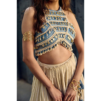 ASHNA VASWANI Blue Halter Neck Crop Top With Lehenga And Dupatta