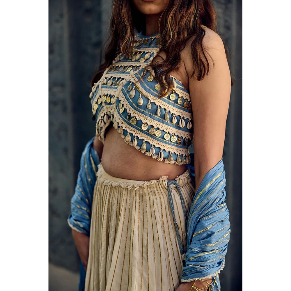 ASHNA VASWANI Blue Halter Neck Crop Top With Lehenga And Dupatta
