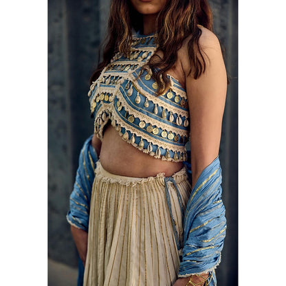 ASHNA VASWANI Blue Halter Neck Crop Top With Lehenga And Dupatta