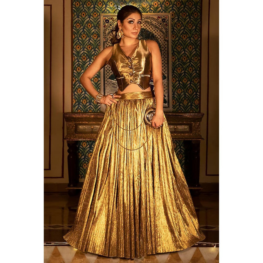 ASHNA VASWANI Gold Waist Coat With Lehenga Indo Western Fusion