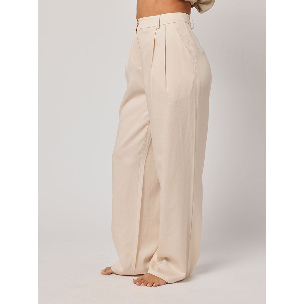 ASHITA FERNANDES Women Off White Premium Linen High Waist Relaxed Trouser