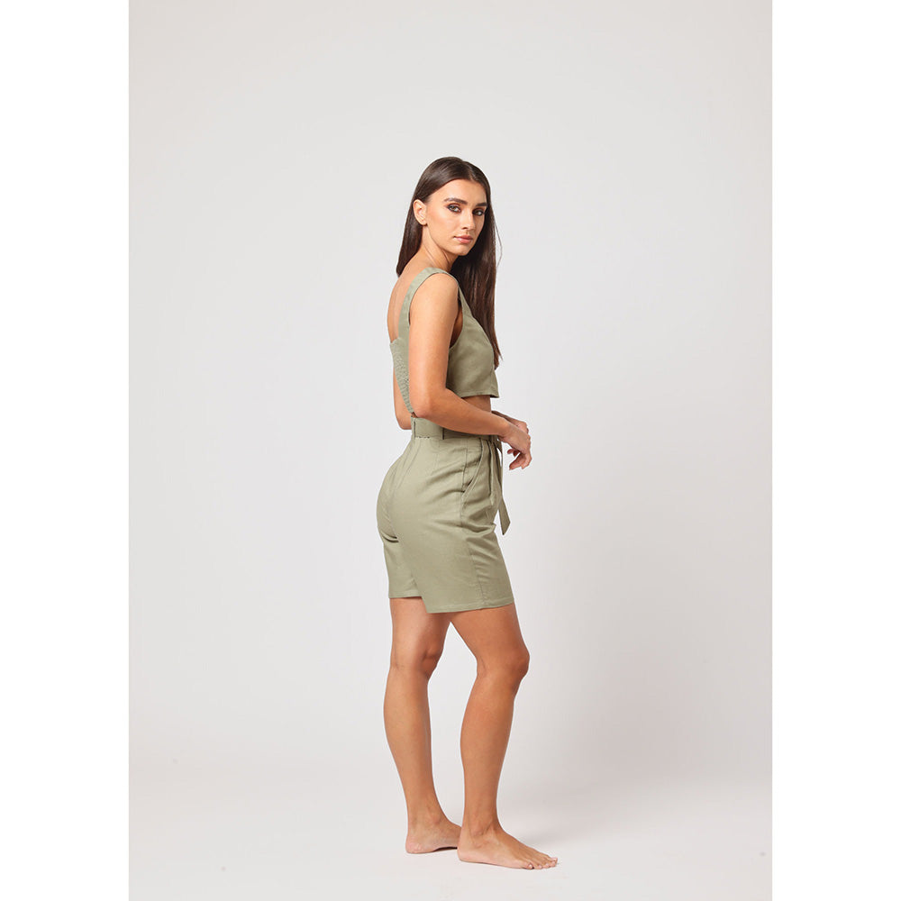 ASHITA FERNANDES Women Green Linen Blend Top with Shorts (Set of 2)