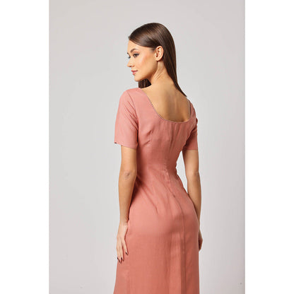 ASHITA FERNANDES Women Peach Premium Linen Maxi-Length Button-Down Dress