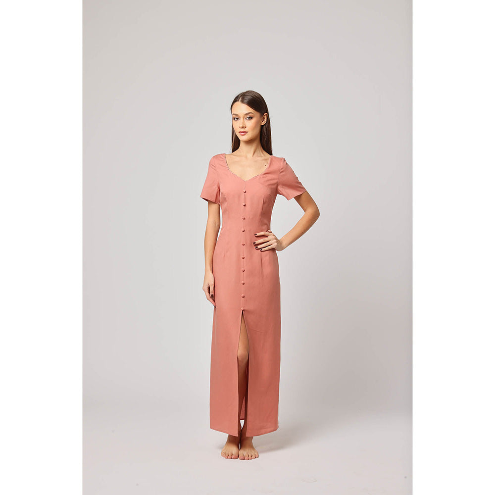 ASHITA FERNANDES Women Peach Premium Linen Maxi-Length Button-Down Dress