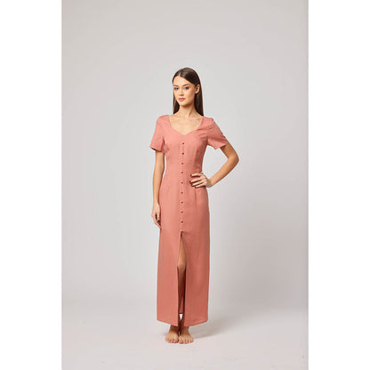 ASHITA FERNANDES Women Peach Premium Linen Maxi-Length Button-Down Dress