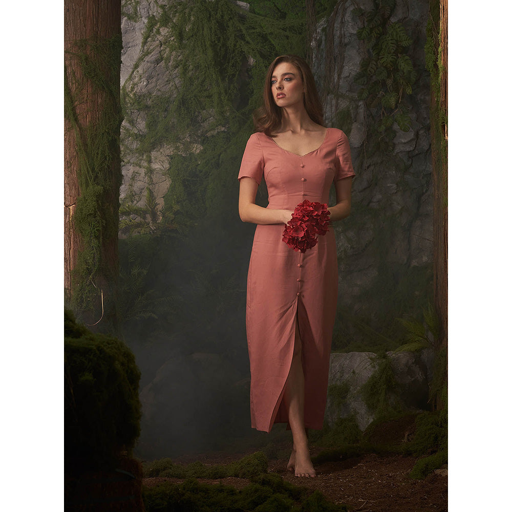 ASHITA FERNANDES Women Peach Premium Linen Maxi-Length Button-Down Dress