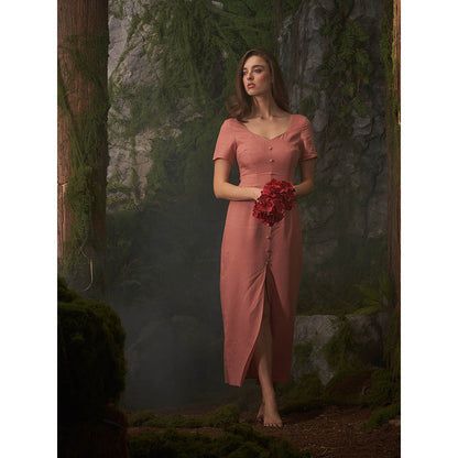 ASHITA FERNANDES Women Peach Premium Linen Maxi-Length Button-Down Dress