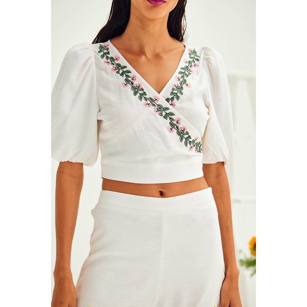 ASHITA FERNANDES Women White Embroidered Faux Wrap Front Crop Top