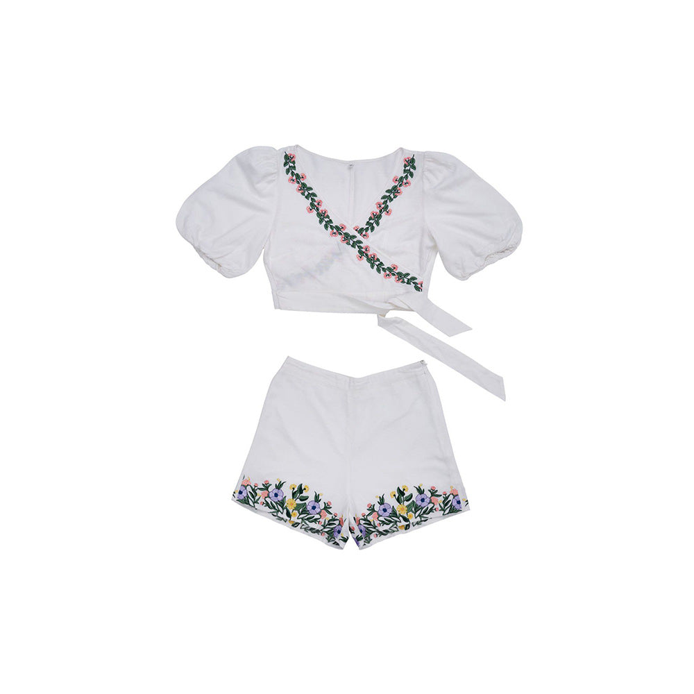 ASHITA FERNANDES Women White Embroidered Faux Wrap Front Crop Top