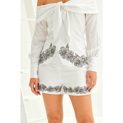 ASHITA FERNANDES Women Off-Shoulder Embroidered White Linen Top