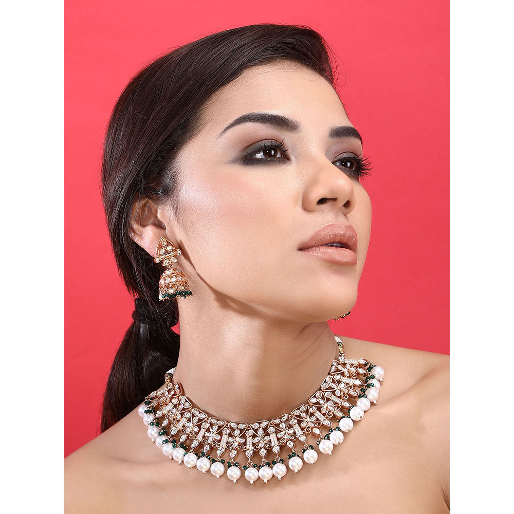 Auraa Trends 22KT Gold Plated Kundan Classic Green Beads Necklace Set