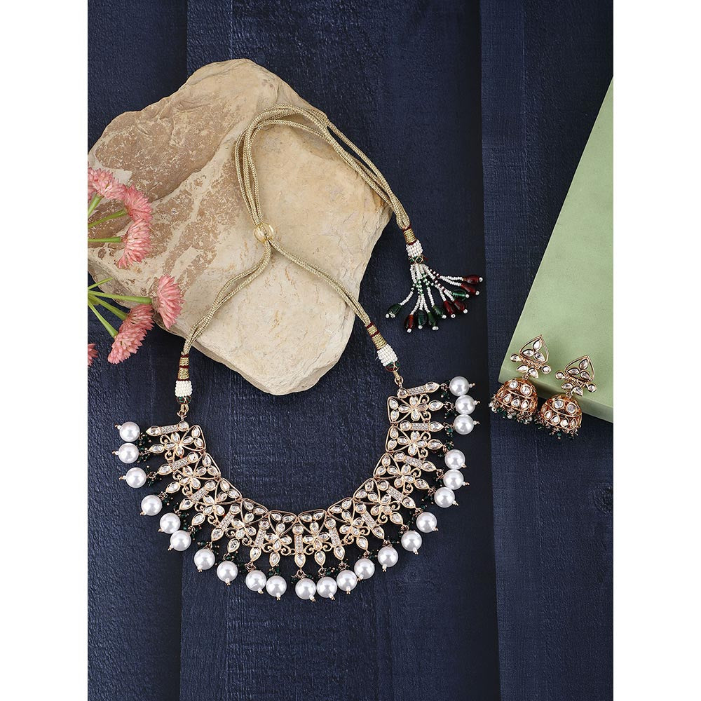 Auraa Trends 22KT Gold Plated Kundan Classic Green Beads Necklace Set