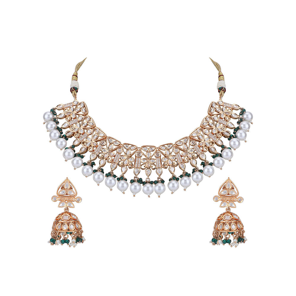 Auraa Trends 22KT Gold Plated Kundan Classic Green Beads Necklace Set
