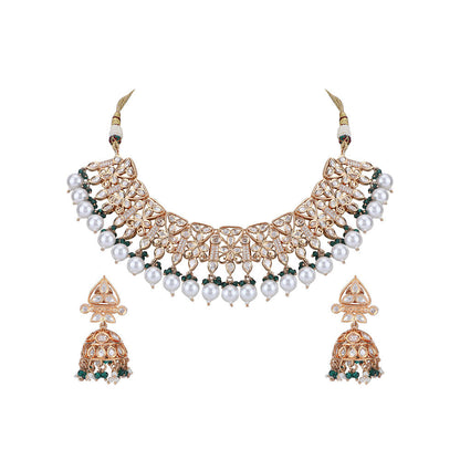 Auraa Trends 22KT Gold Plated Kundan Classic Green Beads Necklace Set
