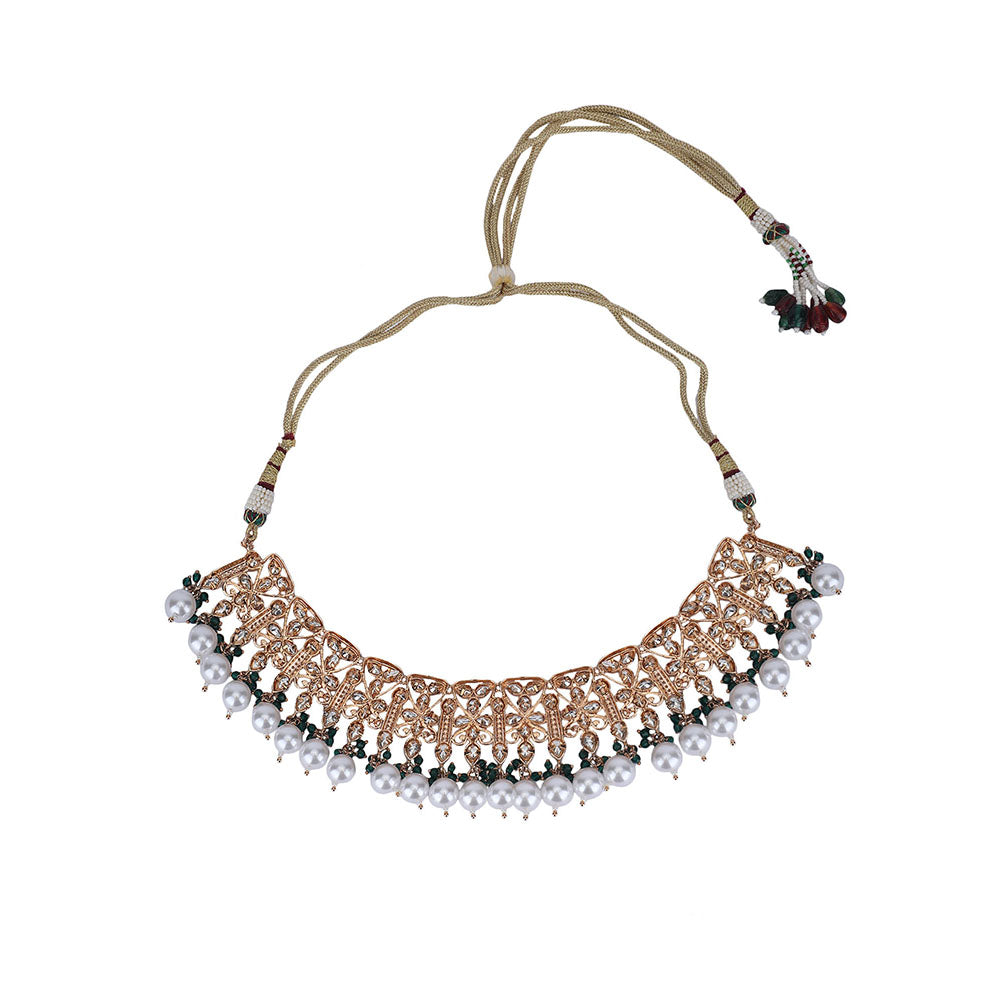 Auraa Trends 22KT Gold Plated Kundan Classic Green Beads Necklace Set