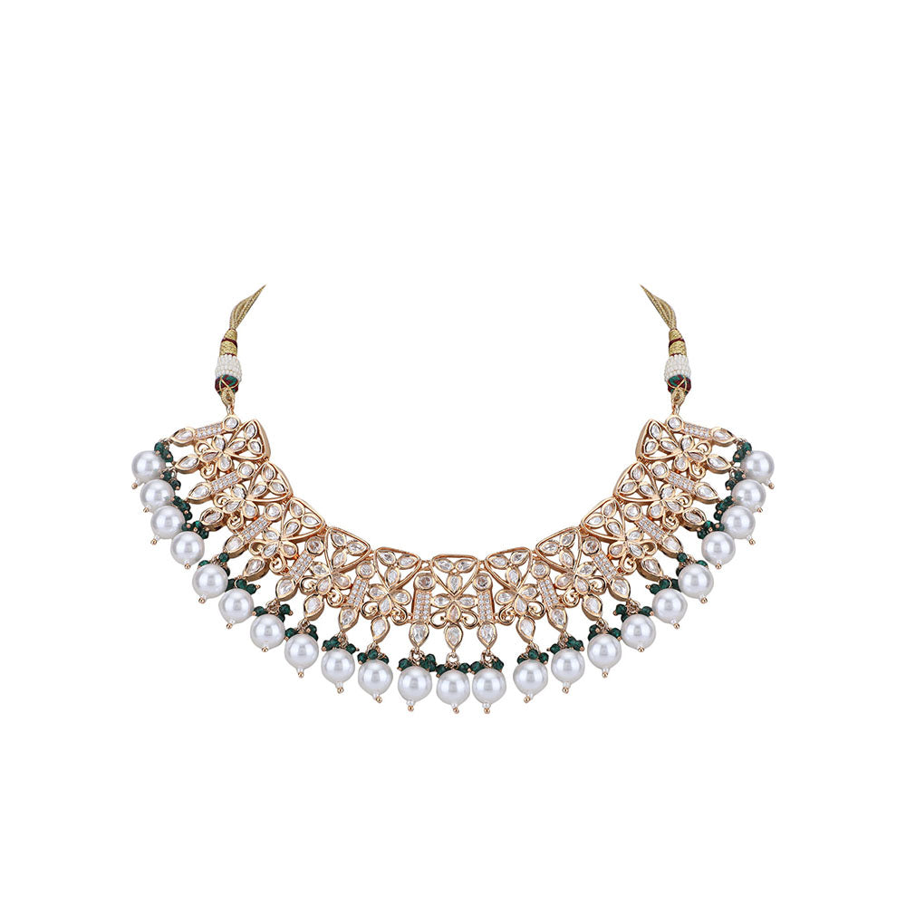 Auraa Trends 22KT Gold Plated Kundan Classic Green Beads Necklace Set
