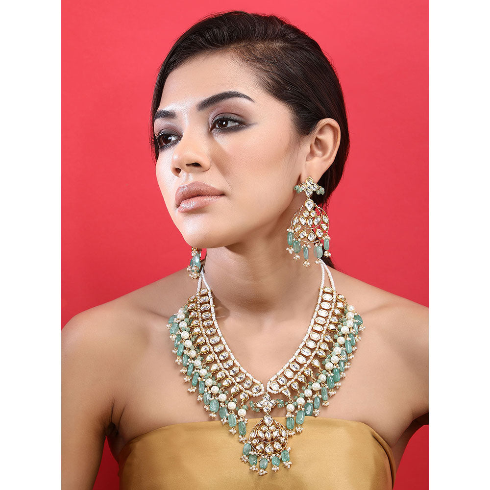 Auraa Trends 22KT Gold Plated Kundan Classic Blue Beads Necklace Set